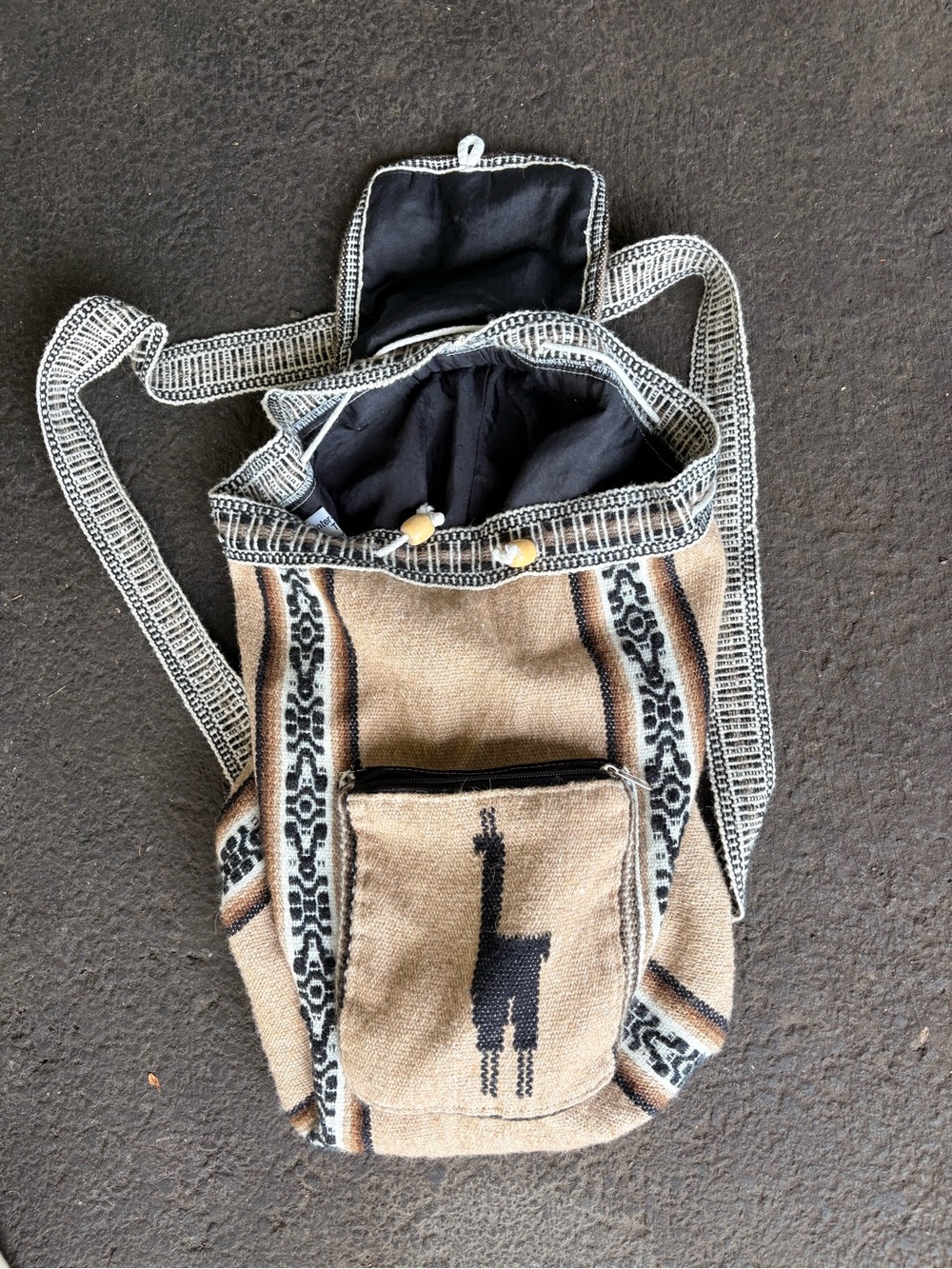 Handwoven Beige and Black backpay- Llama Design